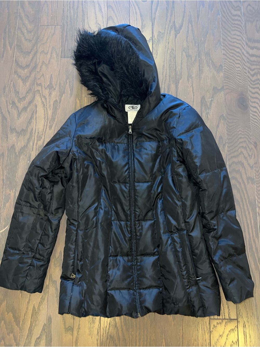 Athletic Works Black Hooded Puffer Jacket with Faux Fur Trim